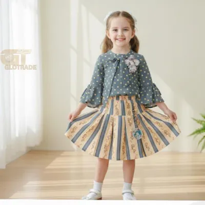 Elegant Polka-Dot & Pleated Skirt Set for Girl (1-5years)